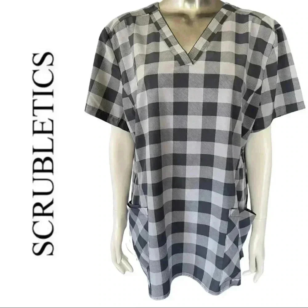 Scrubletics Short Sleeve Grey Check Scrub Top Front Pockets Size XL